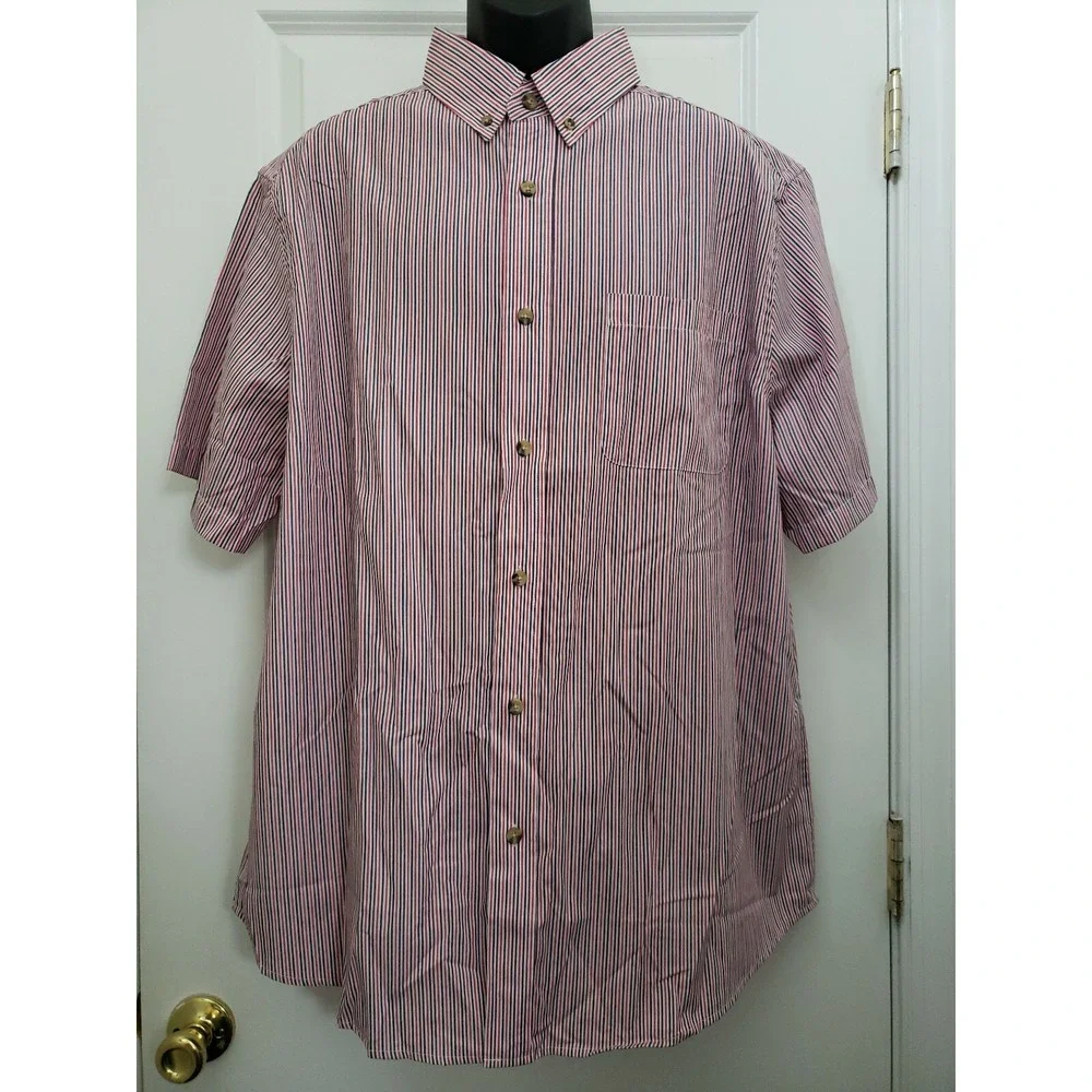 King Size Men's XL Big Short Sleeve Red Blue Striped Button Down Shirt NEW